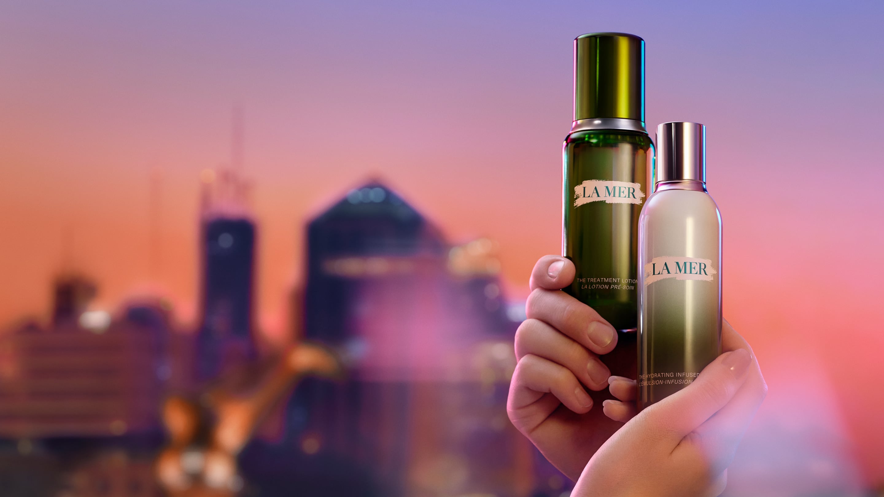 Selection of La Mer bestselling, nestled in snow, in an artic setting